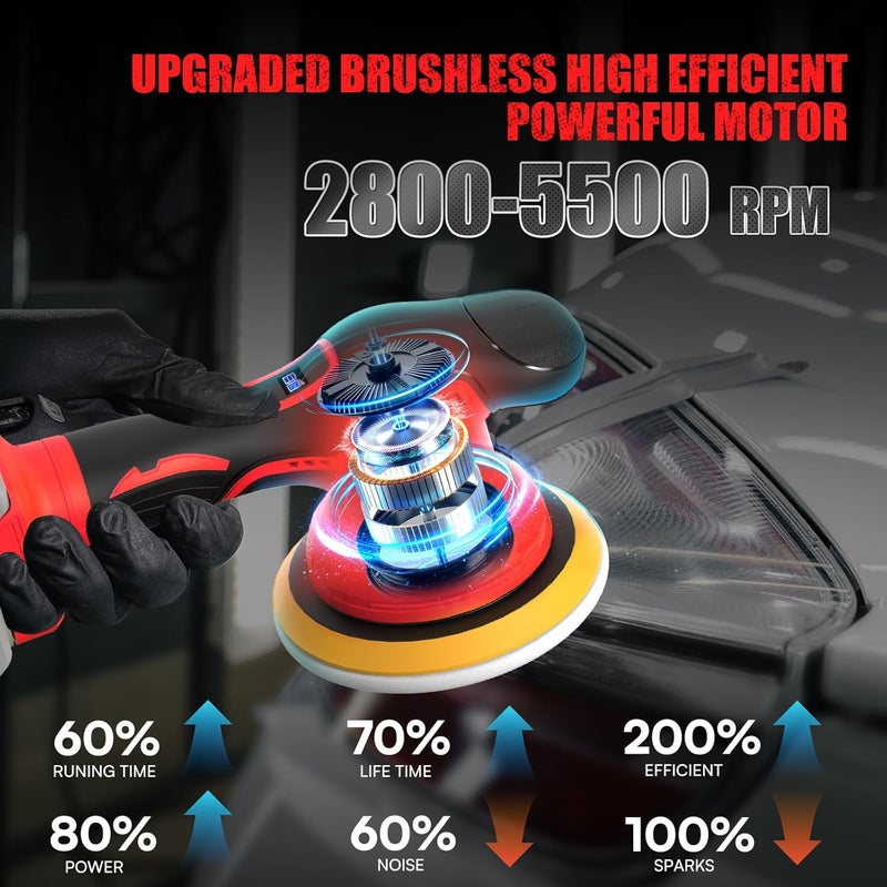 DEVTBLUN Cordless Car Buffer Polisher for Milwaukee M18 Battery(NO Battery),6 In Brushless Buffer Polisher Kit , 8 Variable Speed 5500RPM Orbital Polisher for Car Detailing Waxing,14PCS Polishing Accessories - Image 4